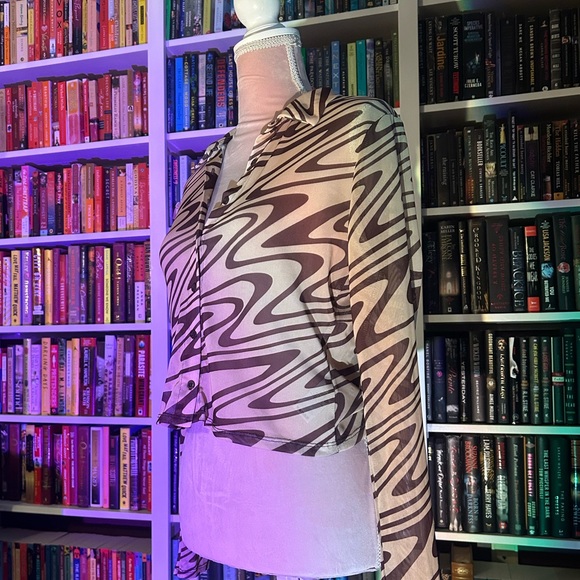Light + dark brown zebra print see-through mesh trippy button up collared shirt - Picture 2 of 5
